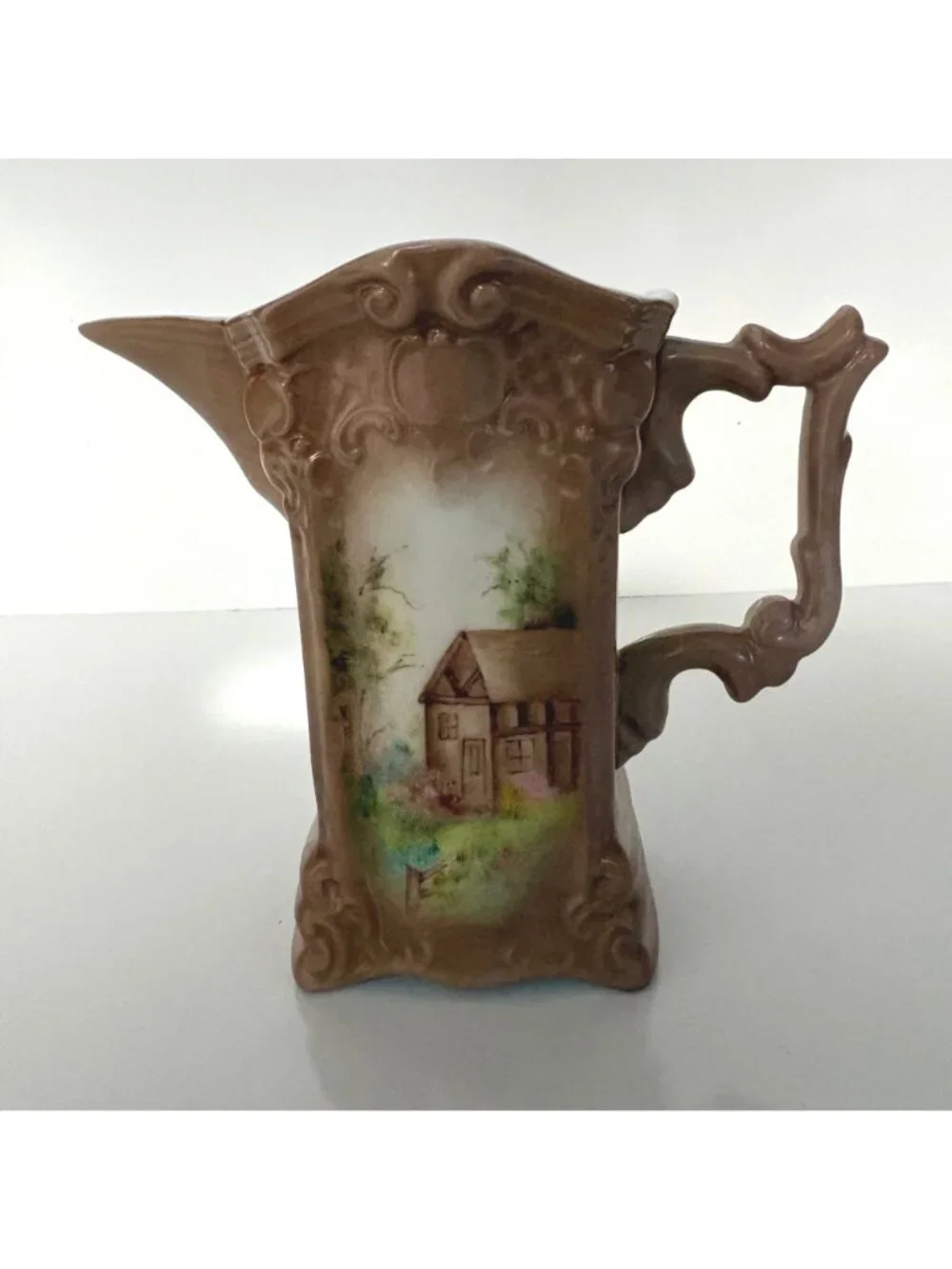 Vintage Hand Painted Porcelain Pitcher Signed Mary Jane G Cottage Scene Art Vase